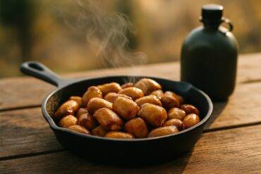 Golden pretzel nuggets coated in honey mustard sauce arranged on a camping skillet over a campfire.