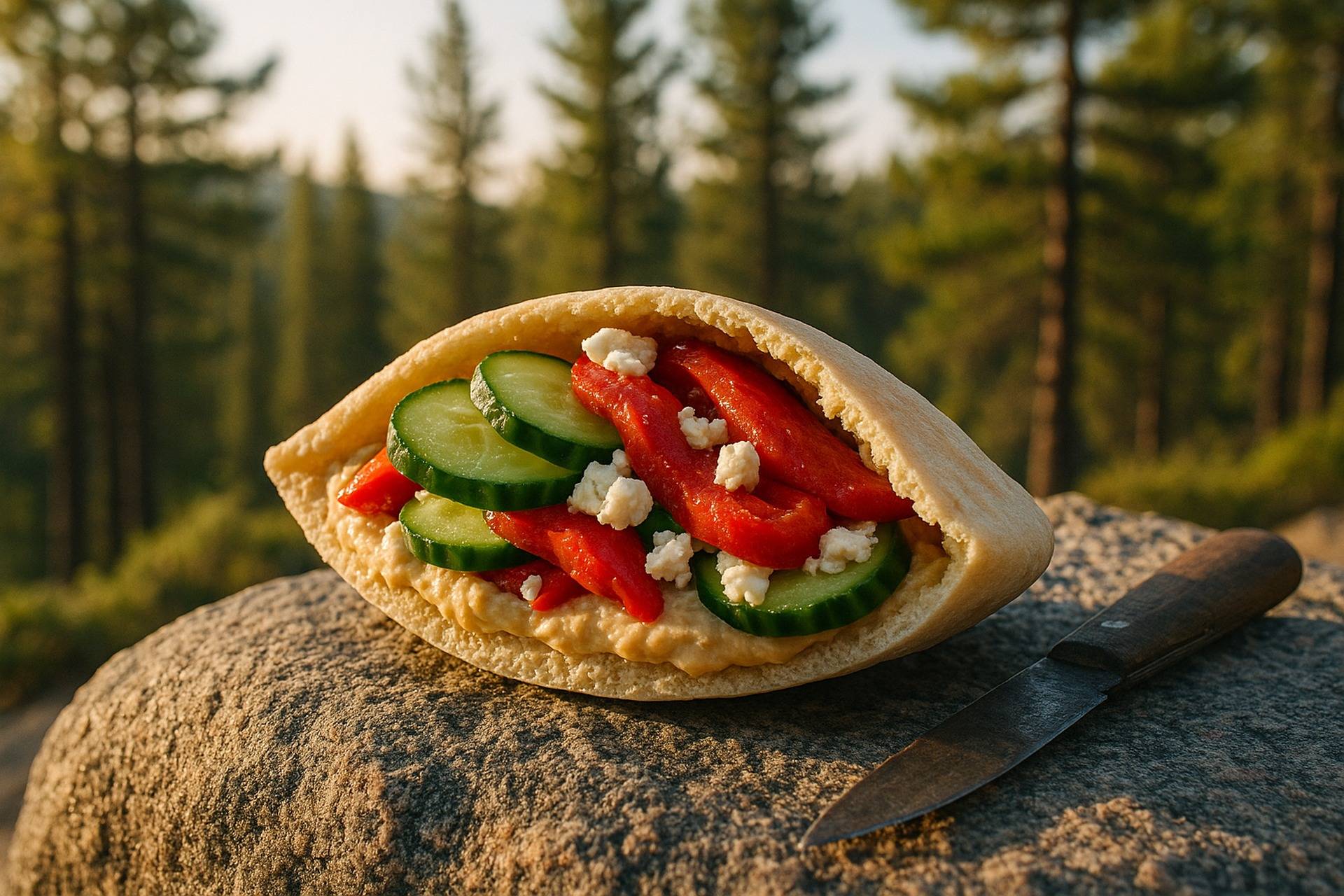 Two Mediterranean-style breakfast wraps filled with eggs, vegetables, and herbs, ready for camping.