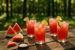 A glass of refreshing salted watermelon drink with ice and a sprig of mint on a wooden surface.