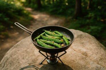 Snap peas coated in sesame seeds and ginger sauce, ready to be cooked over a campfire.
