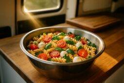 Bowl of pasta salad with cherry tomatoes, mozzarella, basil, and a light dressing, ready for a camping meal.