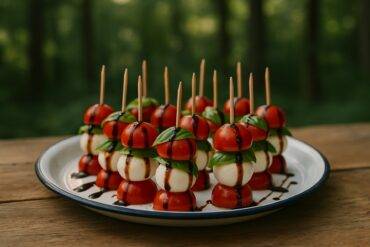 Caprese skewers with cherry tomatoes, mozzarella balls, and basil leaves arranged on wooden sticks.
