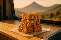 Square rice crispy treats with a chai spice twist on a rustic wooden board with a camping pot in the background.