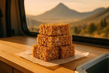Square rice crispy treats with a chai spice twist on a rustic wooden board with a camping pot in the background.