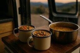Creamy coconut chickpea curry served in a bowl with fresh herbs, ready for a van life camping meal.