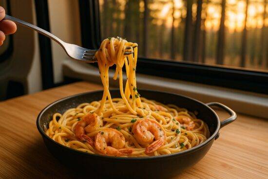 Creamy Cajun shrimp pasta with red peppers and green herbs in a camping pot.