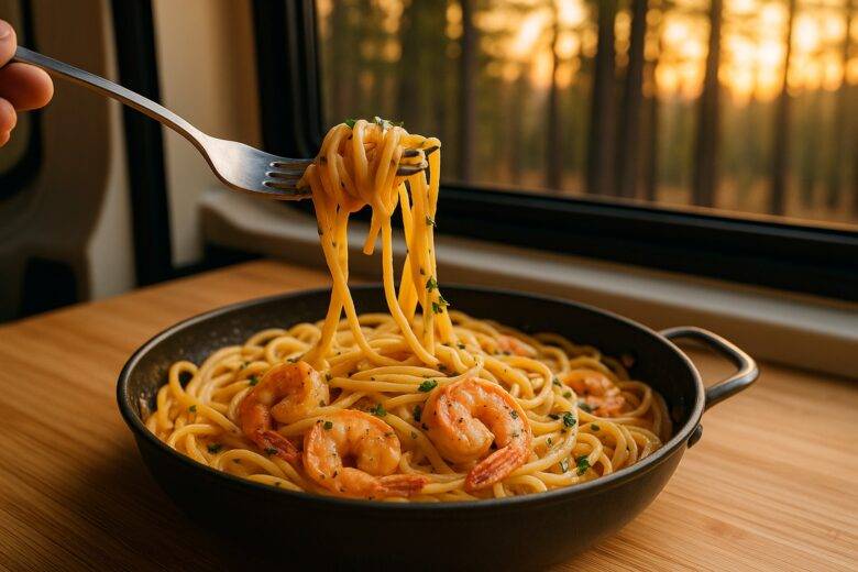 Creamy Cajun shrimp pasta with red peppers and green herbs in a camping pot.