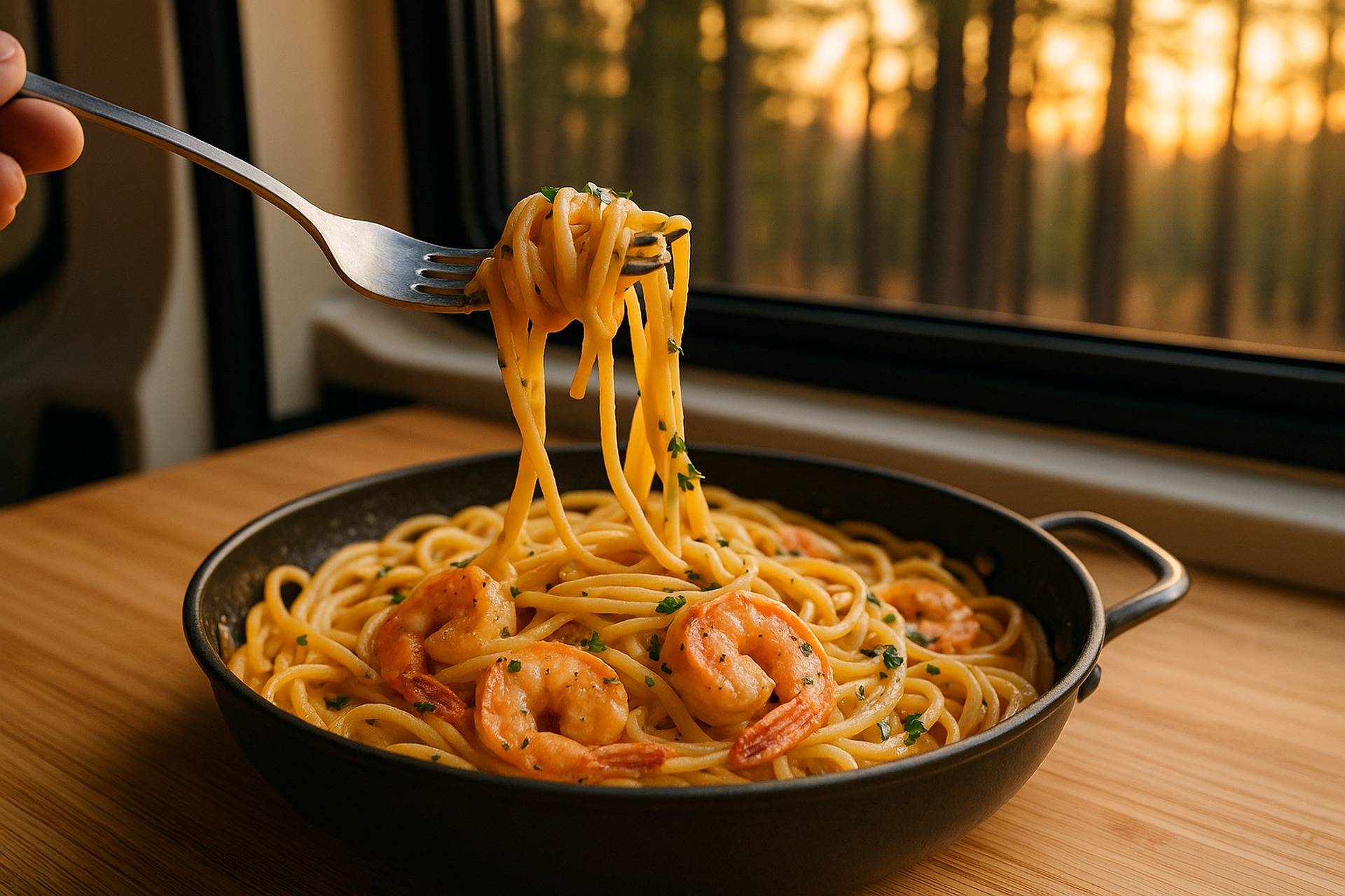 Creamy Cajun shrimp pasta with red peppers and green herbs in a camping pot.