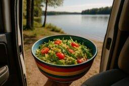 Creamy pesto orzo salad served in a rustic bowl, ready for a van life camping meal.