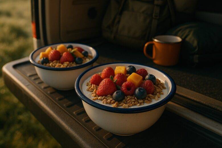 Two bowls of Greek yogurt topped with fresh fruit, nuts, and seeds, ready for a nutritious camping breakfast.
