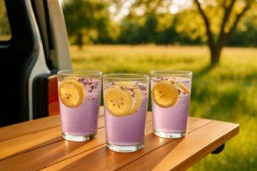A refreshing lavender lemonade spritz in a clear glass with ice and a sprig of lavender on a camping table.