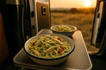 Creamy pesto chicken alfredo pasta served in a camping pot with a red spoon.