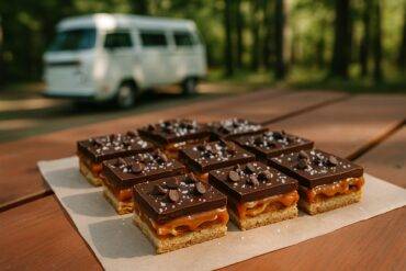 Stacked iced bars with a caramel layer, sprinkled with pretzel pieces and sea salt on a wooden board.