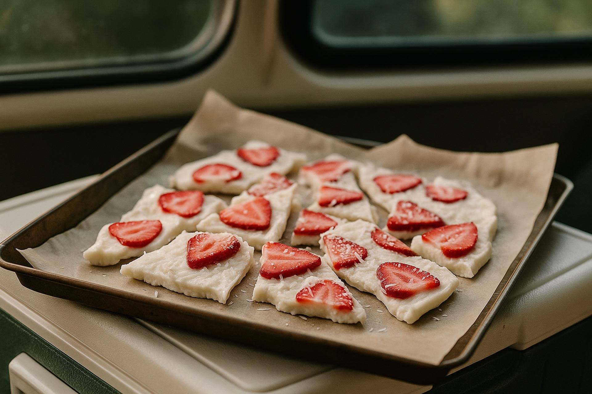 Strawberry and coconut pieces embedded in frozen yogurt bark, broken into rustic chunks on a wooden surface.