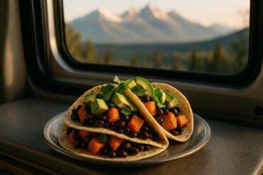 Two sweet potato and black bean tacos topped with cilantro and lime wedges on a rustic wooden surface.