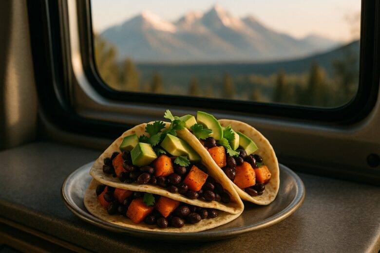 Two sweet potato and black bean tacos topped with cilantro and lime wedges on a rustic wooden surface.