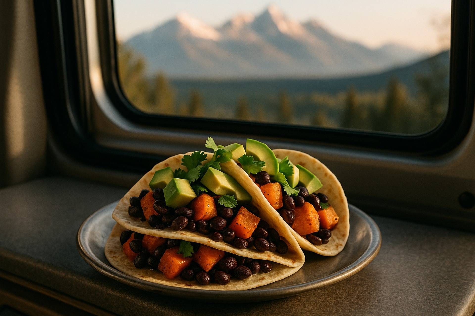 Two sweet potato and black bean tacos topped with cilantro and lime wedges on a rustic wooden surface.