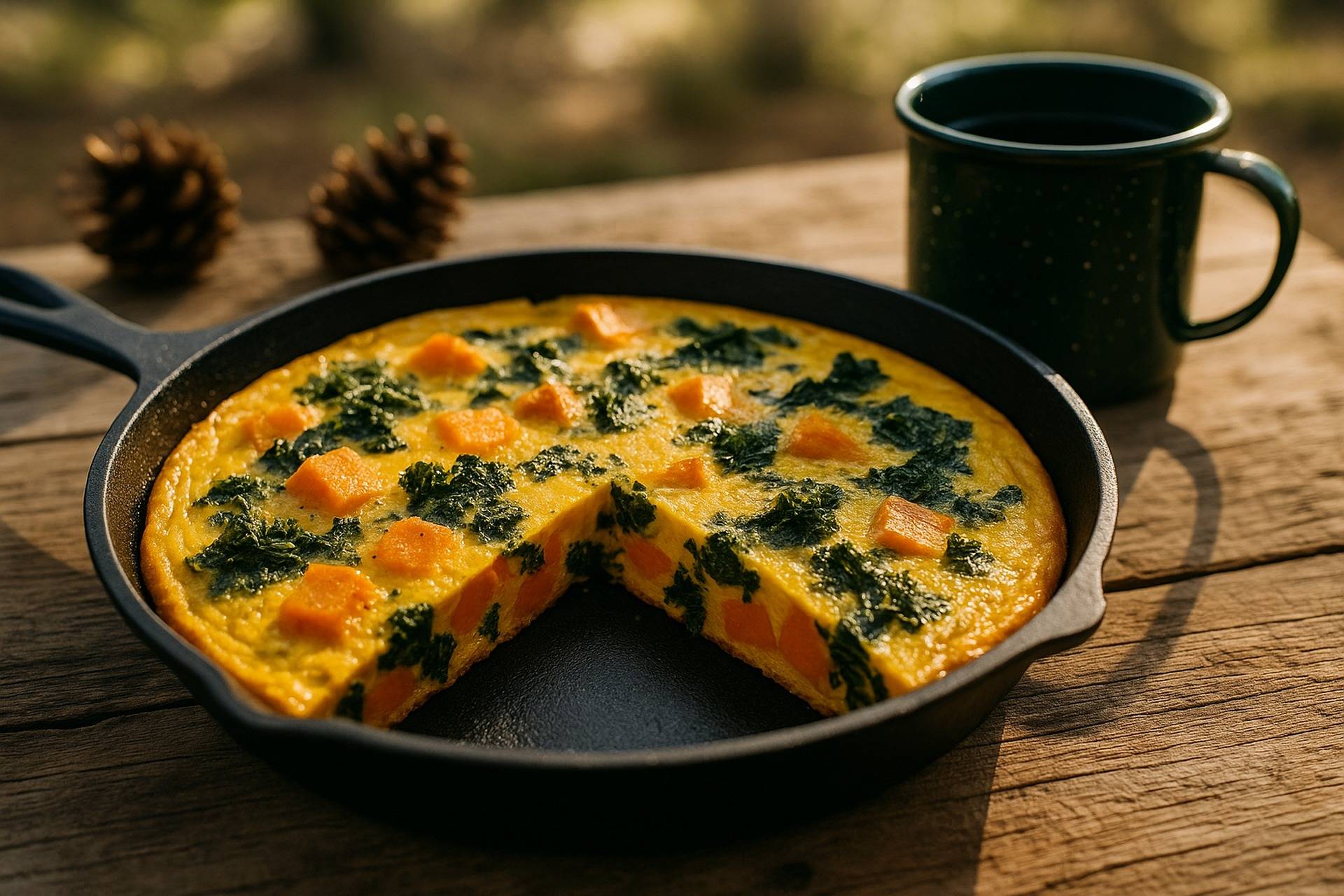 Sweet potato and kale frittata cooked in a skillet, ready to serve outdoors.