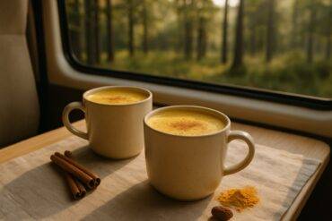 A steaming mug of golden turmeric latte with cinnamon sticks on a camping table.