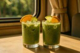 Iced matcha citrus shake in a clear cup with ice and a straw, perfect for a refreshing camping drink.