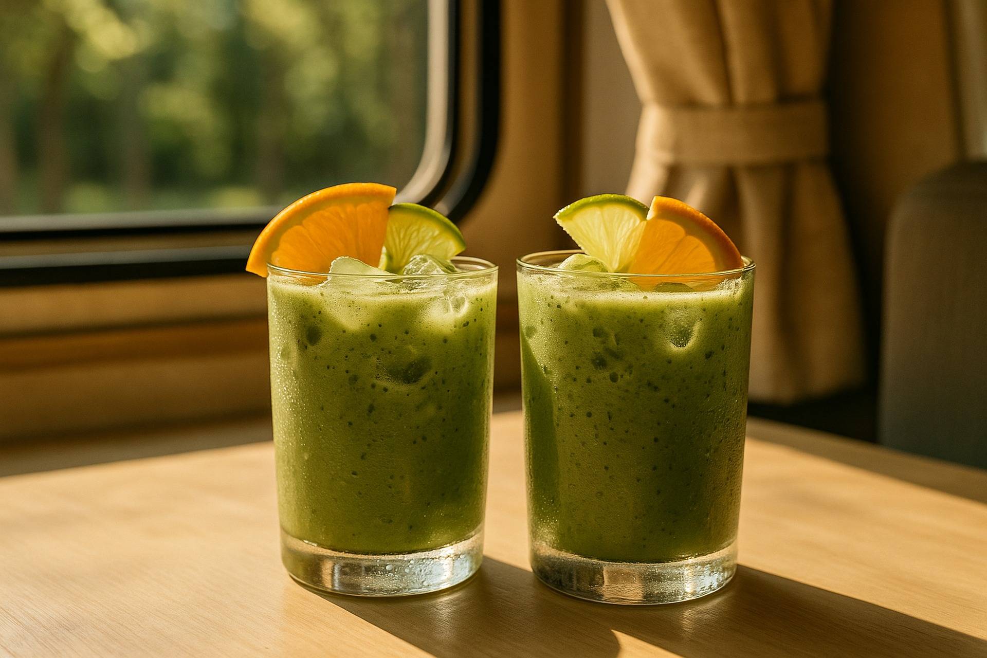 Iced matcha citrus shake in a clear cup with ice and a straw, perfect for a refreshing camping drink.