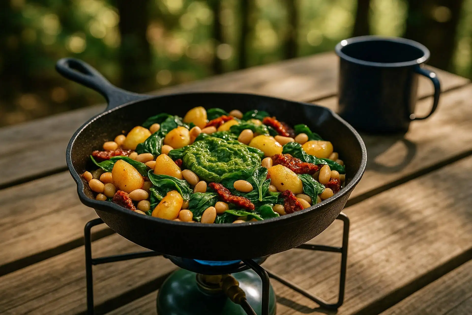 White Bean Pesto Gnocchi Skillet camp recipe image