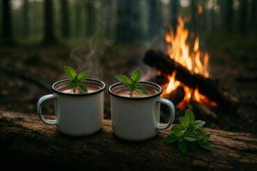 Steaming cup of wild mint cocoa beside fresh mint leaves and rustic campfire cookware.