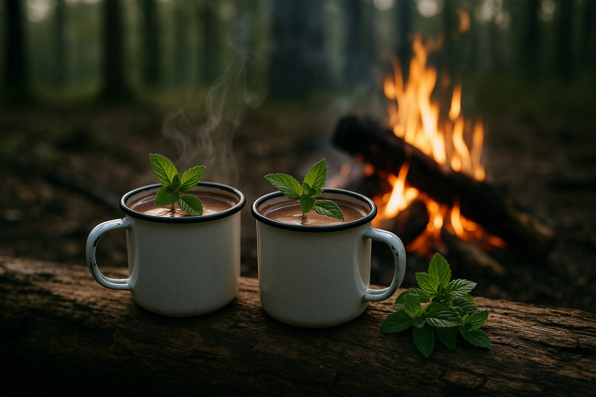 Steaming cup of wild mint cocoa beside fresh mint leaves and rustic campfire cookware.