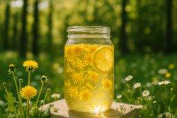 Glass jar filled with golden dandelion sun tea steeping outdoors on a wooden surface.