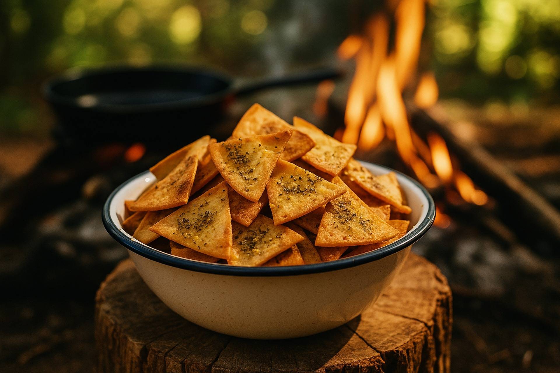 Golden pita chips coated with za’atar seasoning served in a rustic bowl, ready for snacking outdoors.